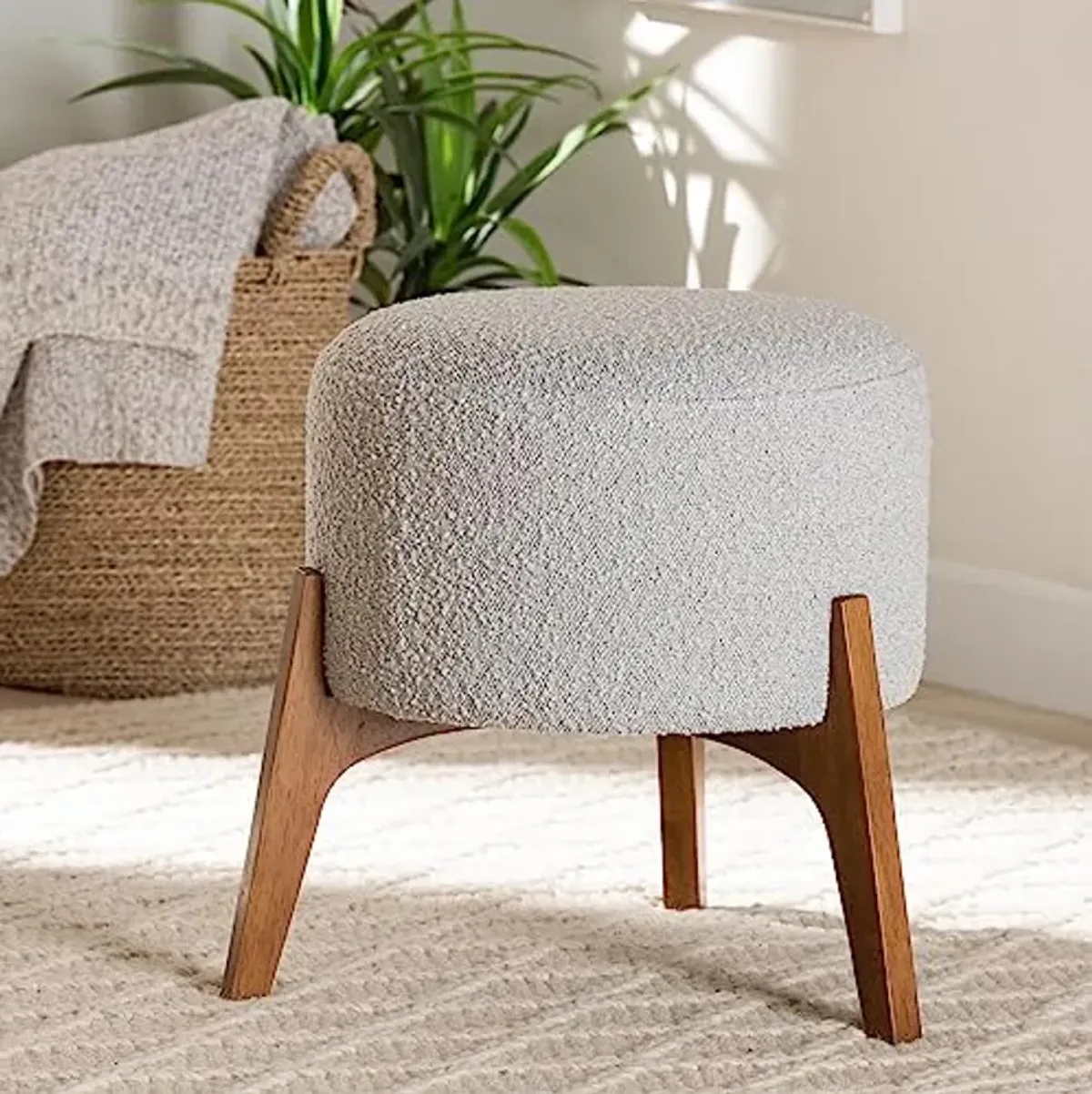 Baxton Studio Elkie Footstool, One Size, Light Grey/Walnut Brown