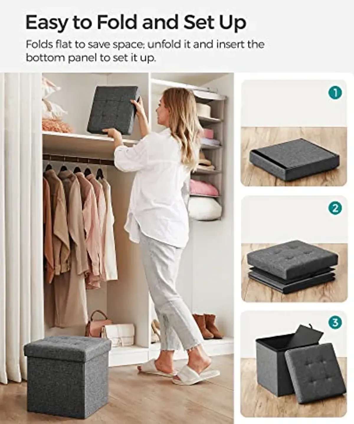 SONGMICS Folding Storage Ottoman Bench Bundle, 43 Inches Folding Storage Ottoman Bench, 11.8 Inches Folding Storage Ottoman Bench, Storage Chest, Dark Gray ULSF77K and ULSF028G01