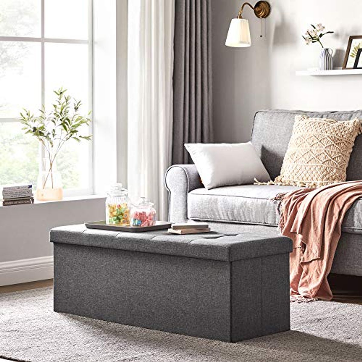 SONGMICS Folding Storage Ottoman Bench Bundle, 43 Inches Folding Storage Ottoman Bench, 11.8 Inches Folding Storage Ottoman Bench, Storage Chest, Dark Gray ULSF77K and ULSF028G01