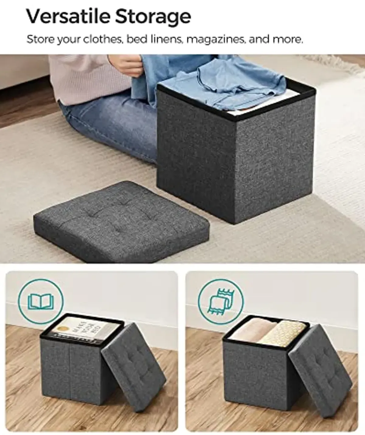 SONGMICS Folding Storage Ottoman Bench Bundle, 43 Inches Folding Storage Ottoman Bench, 11.8 Inches Folding Storage Ottoman Bench, Storage Chest, Dark Gray ULSF77K and ULSF028G01