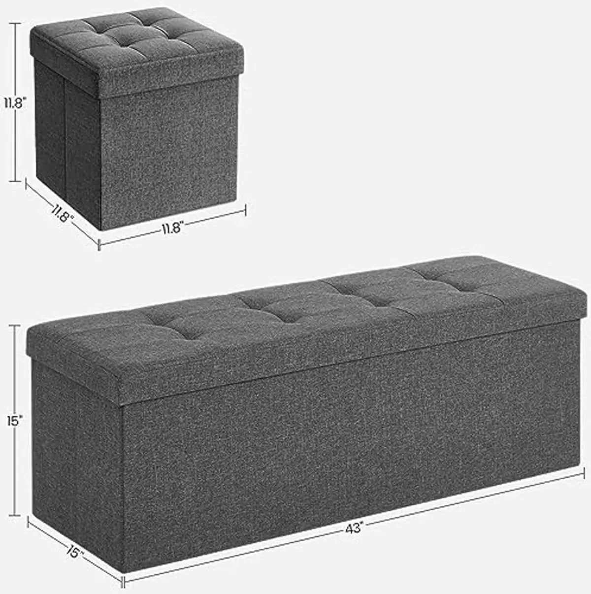 SONGMICS Folding Storage Ottoman Bench Bundle, 43 Inches Folding Storage Ottoman Bench, 11.8 Inches Folding Storage Ottoman Bench, Storage Chest, Dark Gray ULSF77K and ULSF028G01