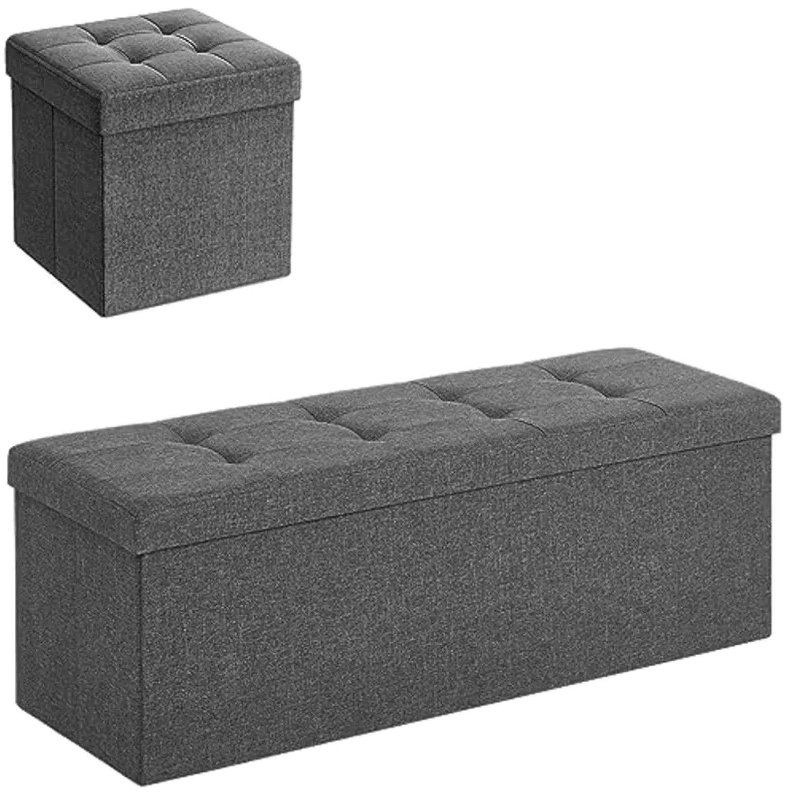 SONGMICS Folding Storage Ottoman Bench Bundle, 43 Inches Folding Storage Ottoman Bench, 11.8 Inches Folding Storage Ottoman Bench, Storage Chest, Dark Gray ULSF77K and ULSF028G01