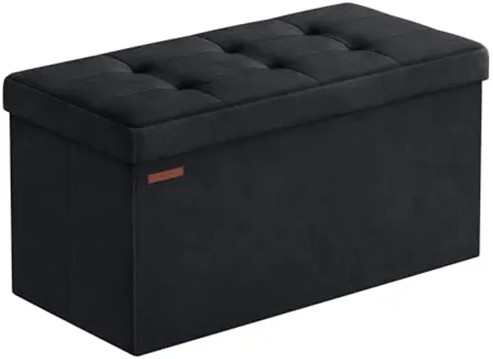 SONGMICS Storage Bench, Velvet Pouffe with Lid, with 2 Boxes, 38 x 76 x 38 cm, Load Capacity 300 kg, for Hallway, Living Room, Bedroom, Ink Black LSF247B01