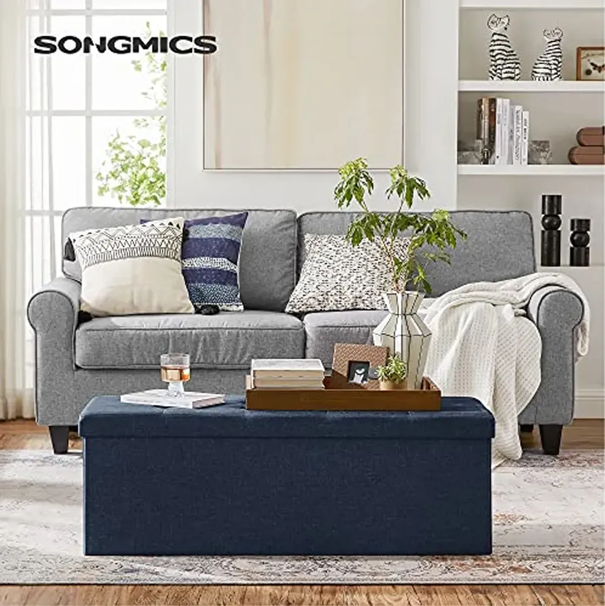 SONGMICS 43 Inches Folding Storage Ottoman and 11.8 Inches Folding Storage Ottoman Bundle, Storage Chest, Bedroom Bench with Storage, Dark Blue and Dark Gray ULSF028G01 and ULSF77IN