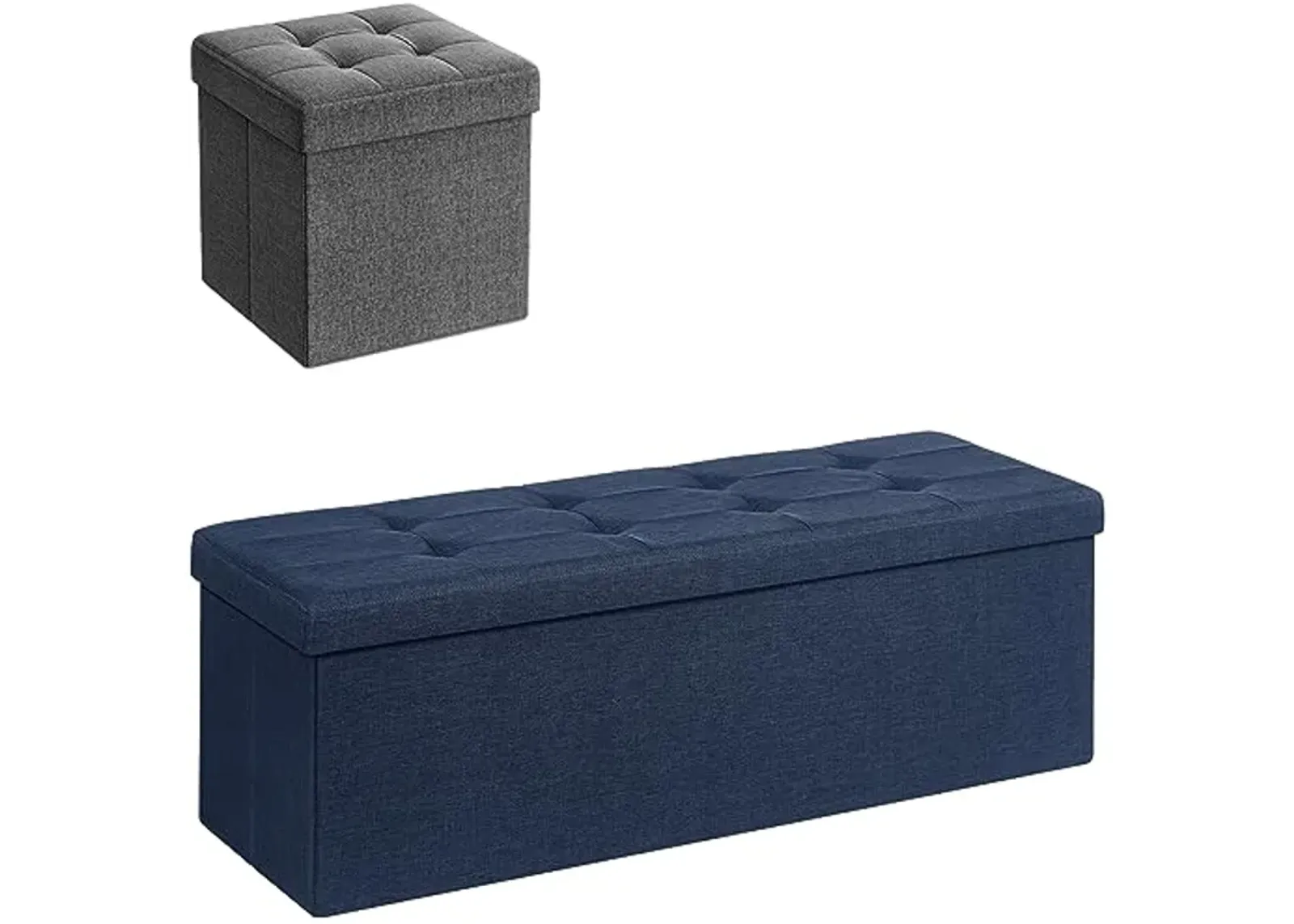 SONGMICS 43 Inches Folding Storage Ottoman and 11.8 Inches Folding Storage Ottoman Bundle, Storage Chest, Bedroom Bench with Storage, Dark Blue and Dark Gray ULSF028G01 and ULSF77IN