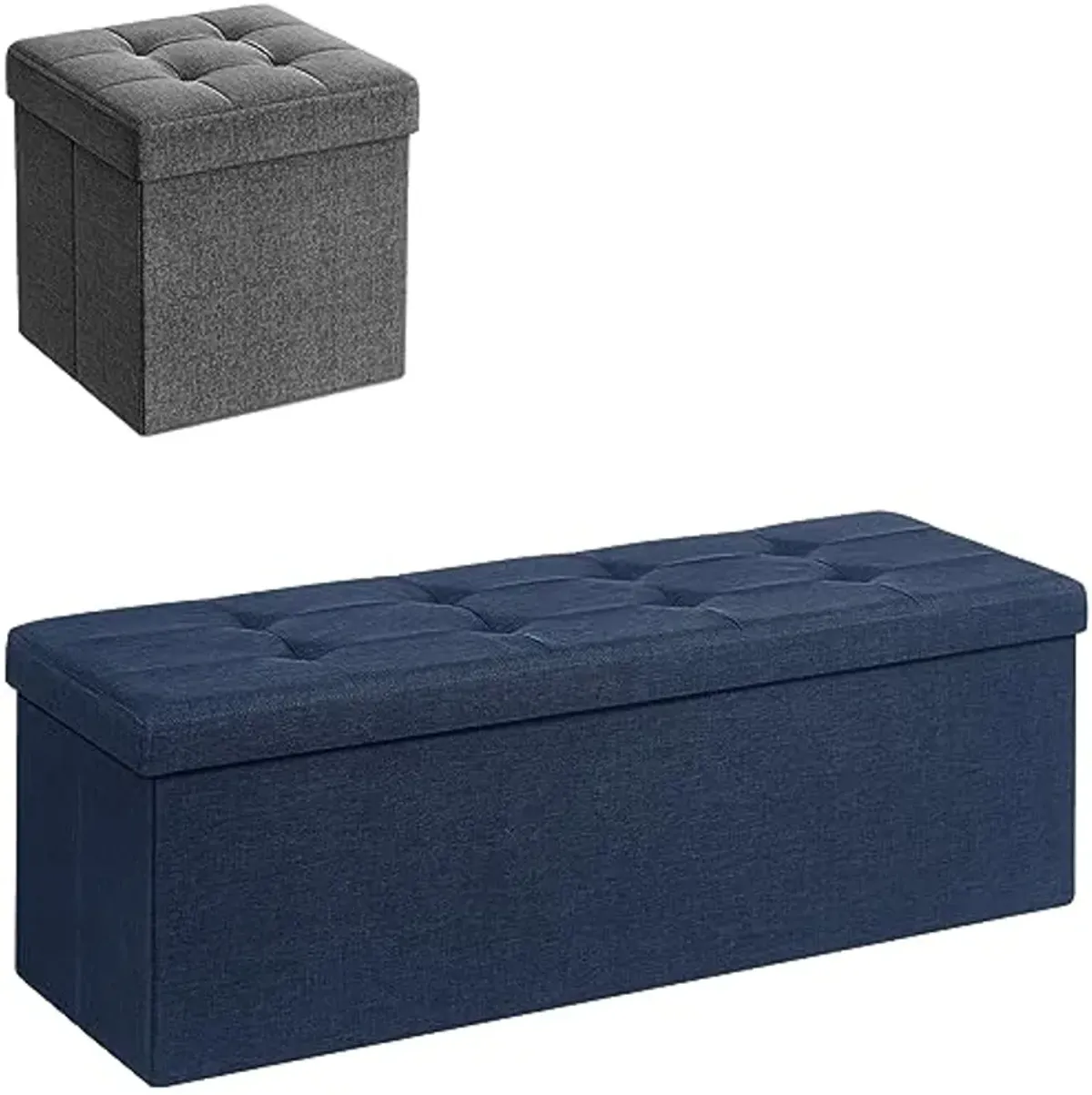 SONGMICS 43 Inches Folding Storage Ottoman and 11.8 Inches Folding Storage Ottoman Bundle, Storage Chest, Bedroom Bench with Storage, Dark Blue and Dark Gray ULSF028G01 and ULSF77IN