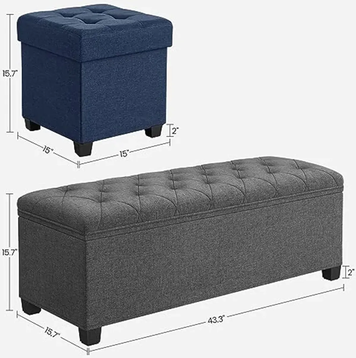 SONGMICS Storage Ottoman and 15 Inches Cube Storage Ottoman Bundle, Bench with Storage for Entryway, Bedroom Bench with Storage, Dark Gray and Dark Blue ULSF088G01 and ULSF14IN