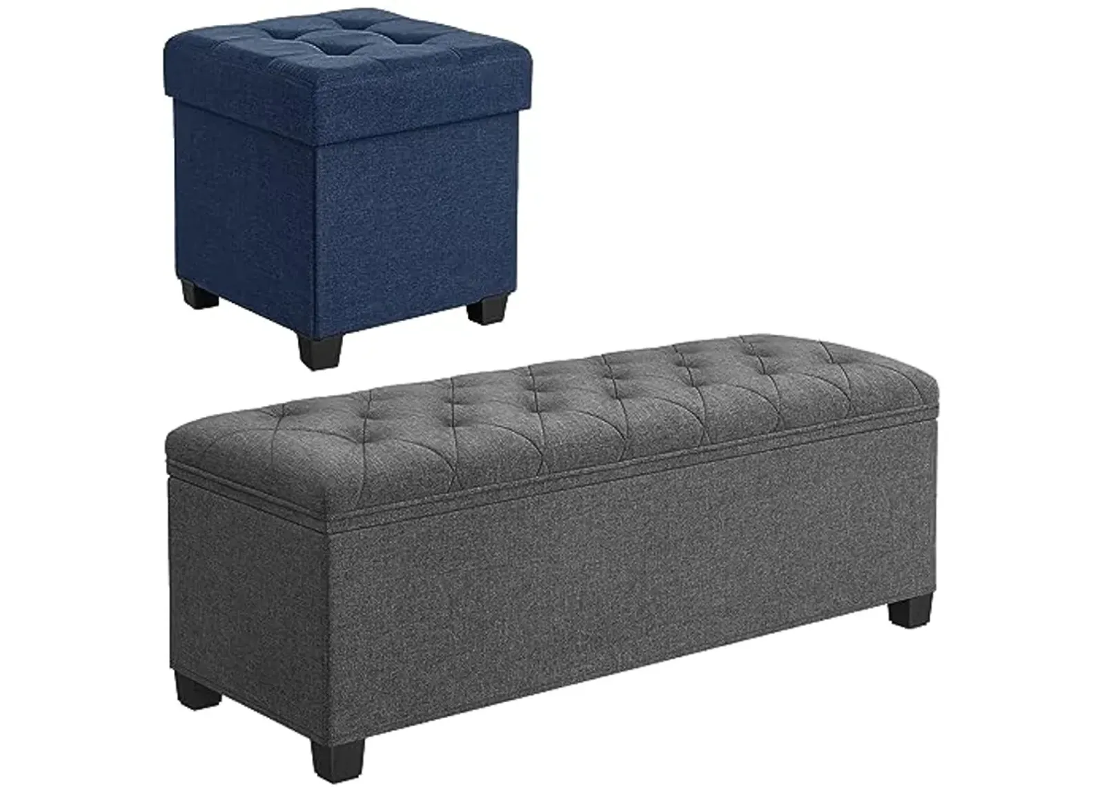 SONGMICS Storage Ottoman and 15 Inches Cube Storage Ottoman Bundle, Bench with Storage for Entryway, Bedroom Bench with Storage, Dark Gray and Dark Blue ULSF088G01 and ULSF14IN