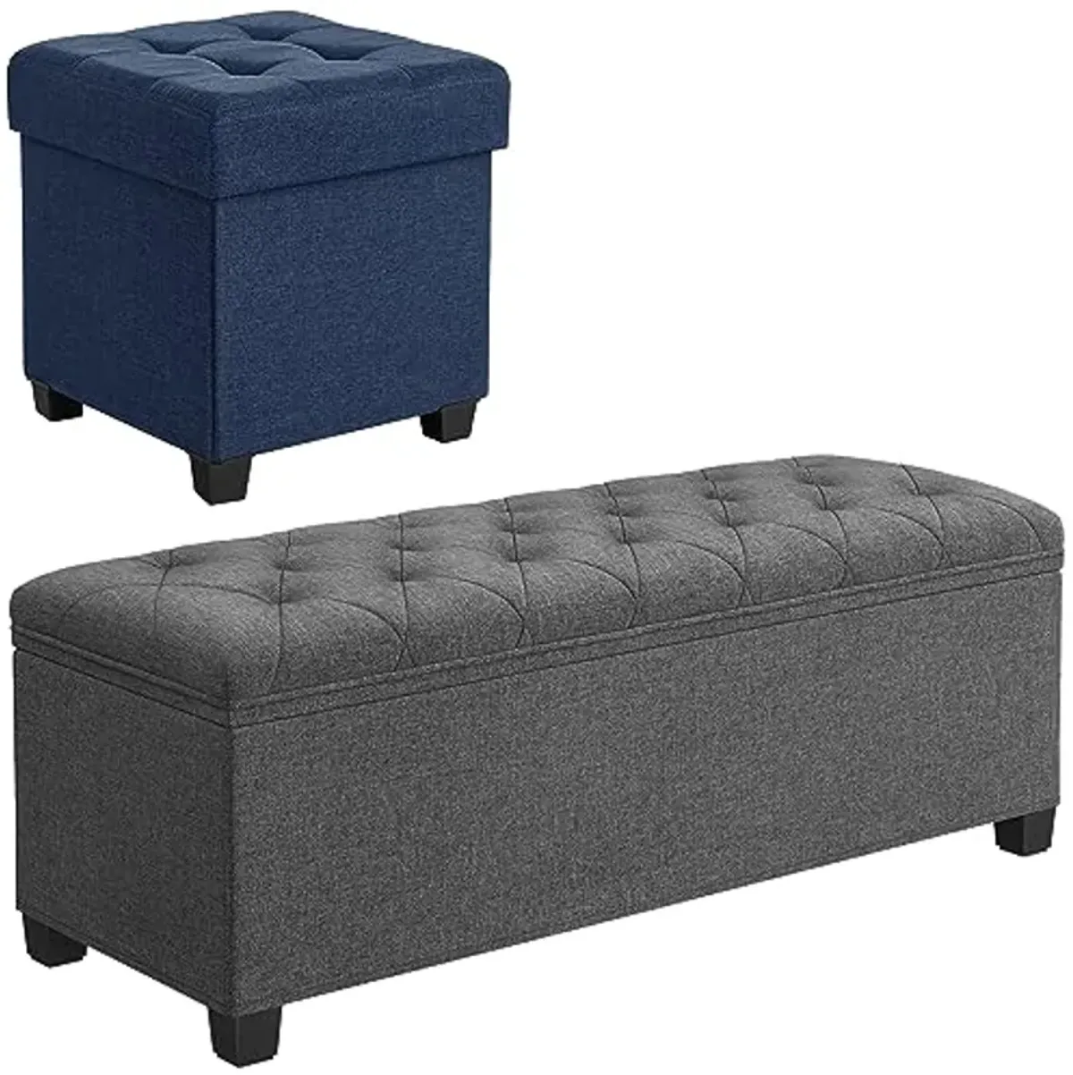 SONGMICS Storage Ottoman and 15 Inches Cube Storage Ottoman Bundle, Bench with Storage for Entryway, Bedroom Bench with Storage, Dark Gray and Dark Blue ULSF088G01 and ULSF14IN