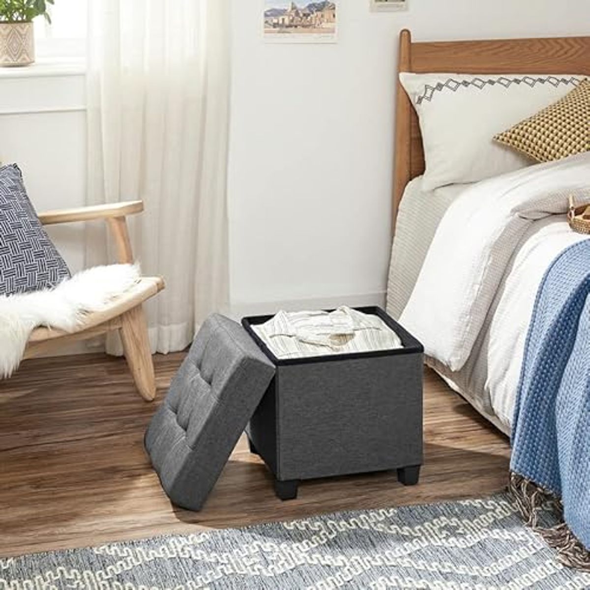 SONGMICS 43.3 Inches Storage Ottoman and 15 Inches Cube Storage Ottoman Bundle, Foot Stool with Feet, Holds Up to 660 lb, Dark Gray ULSF018G01 and ULSF14GYZ