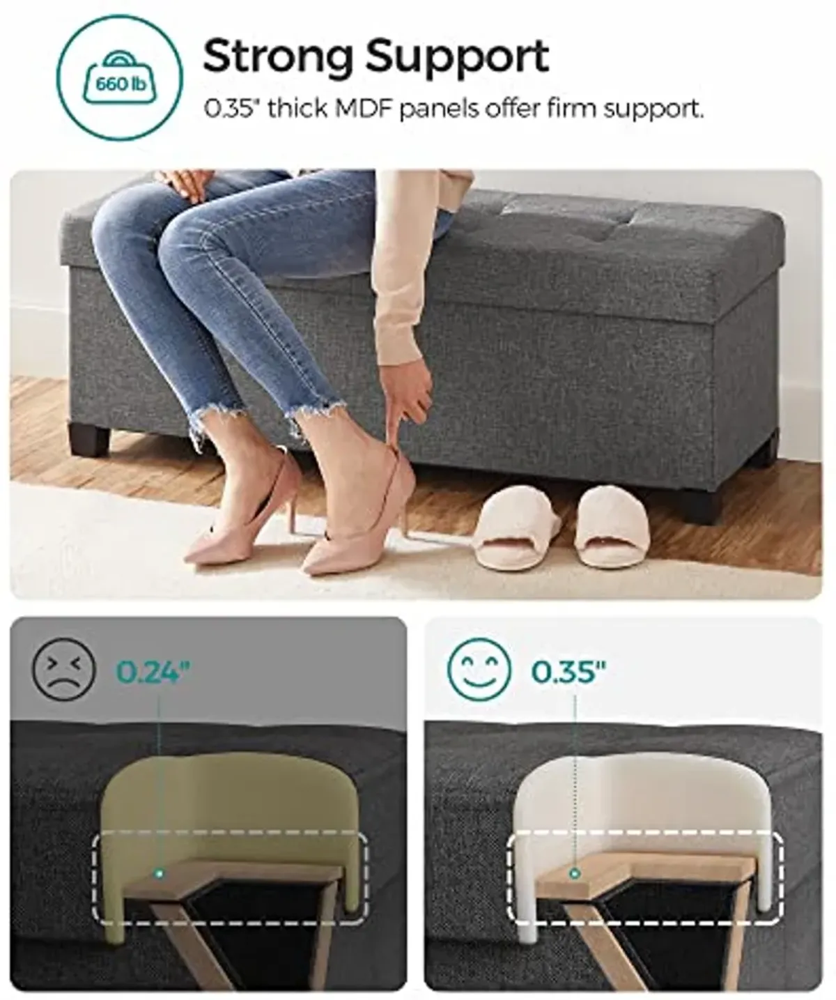 SONGMICS 43.3 Inches Storage Ottoman and 15 Inches Cube Storage Ottoman Bundle, Foot Stool with Feet, Holds Up to 660 lb, Dark Gray ULSF018G01 and ULSF14GYZ