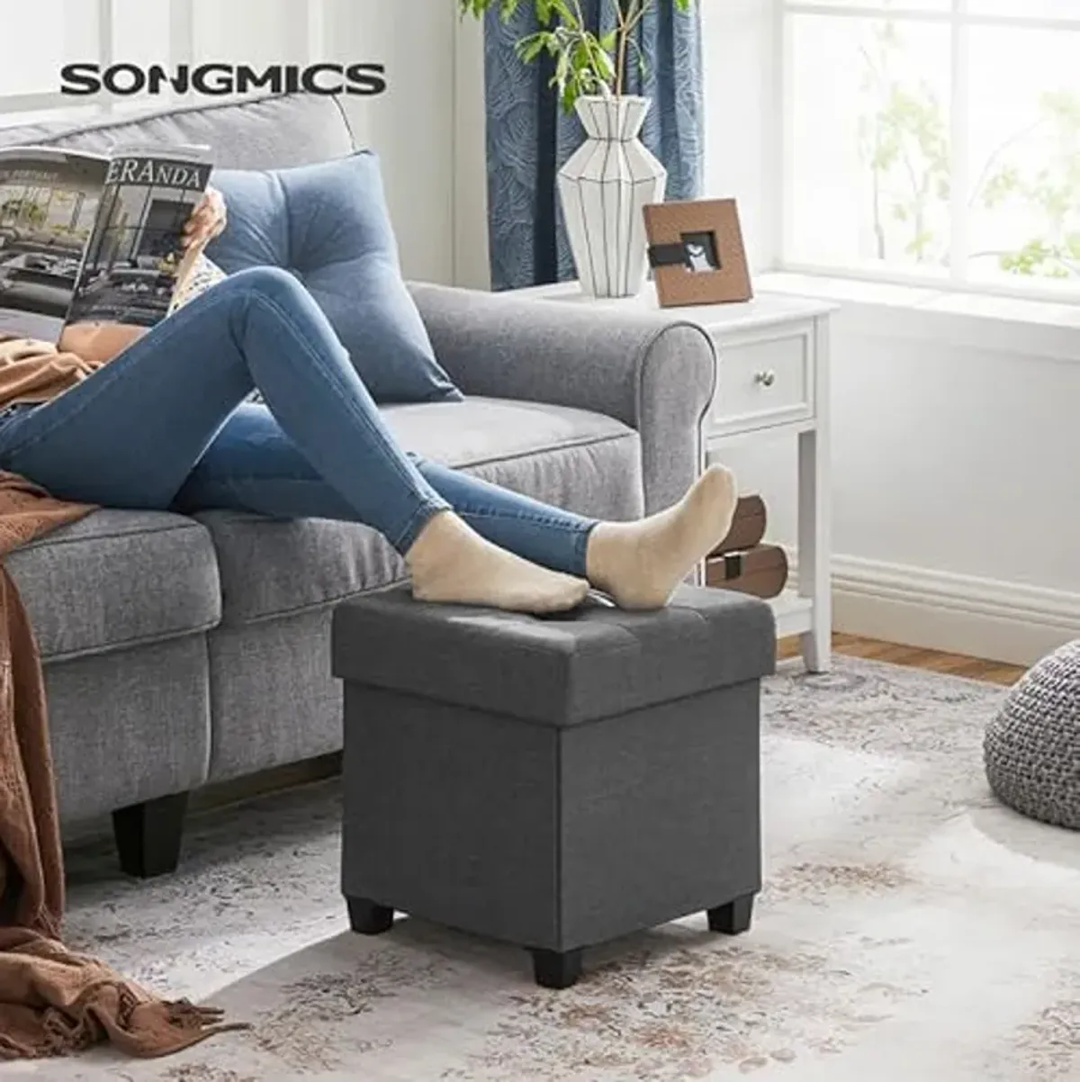 SONGMICS 43.3 Inches Storage Ottoman and 15 Inches Cube Storage Ottoman Bundle, Foot Stool with Feet, Holds Up to 660 lb, Dark Gray ULSF018G01 and ULSF14GYZ