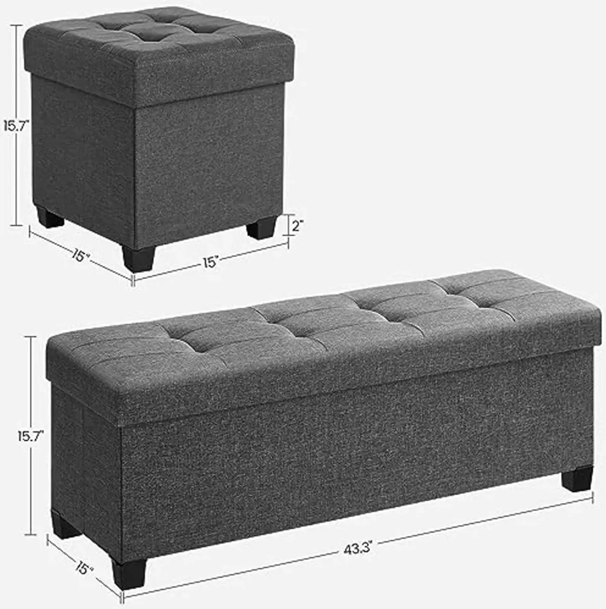 SONGMICS 43.3 Inches Storage Ottoman and 15 Inches Cube Storage Ottoman Bundle, Foot Stool with Feet, Holds Up to 660 lb, Dark Gray ULSF018G01 and ULSF14GYZ