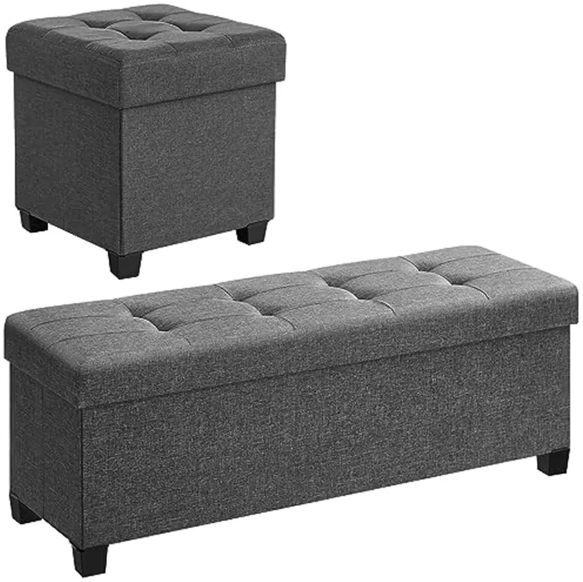 SONGMICS 43.3 Inches Storage Ottoman and 15 Inches Cube Storage Ottoman Bundle, Foot Stool with Feet, Holds Up to 660 lb, Dark Gray ULSF018G01 and ULSF14GYZ