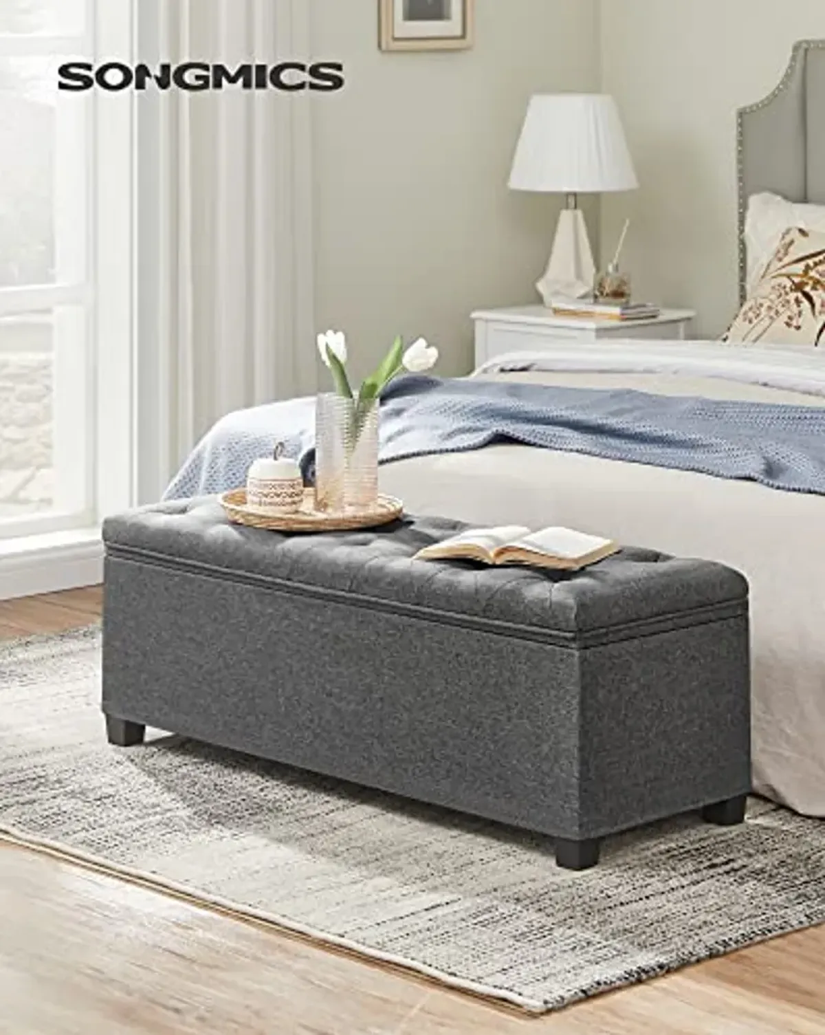 SONGMICS Storage Ottoman Bench and 15 Inches Cube Storage Ottoman Bundle, Bench with Storage, Foot Stool with Feet, Dark Gray ULSF088G01 and ULSF14GYZ