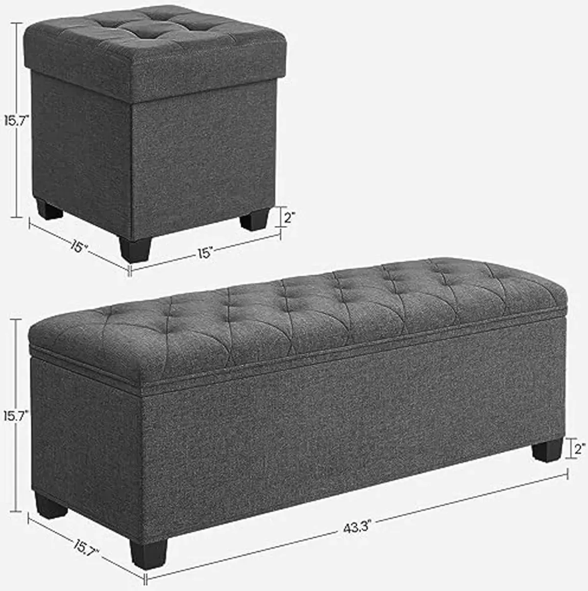 SONGMICS Storage Ottoman Bench and 15 Inches Cube Storage Ottoman Bundle, Bench with Storage, Foot Stool with Feet, Dark Gray ULSF088G01 and ULSF14GYZ