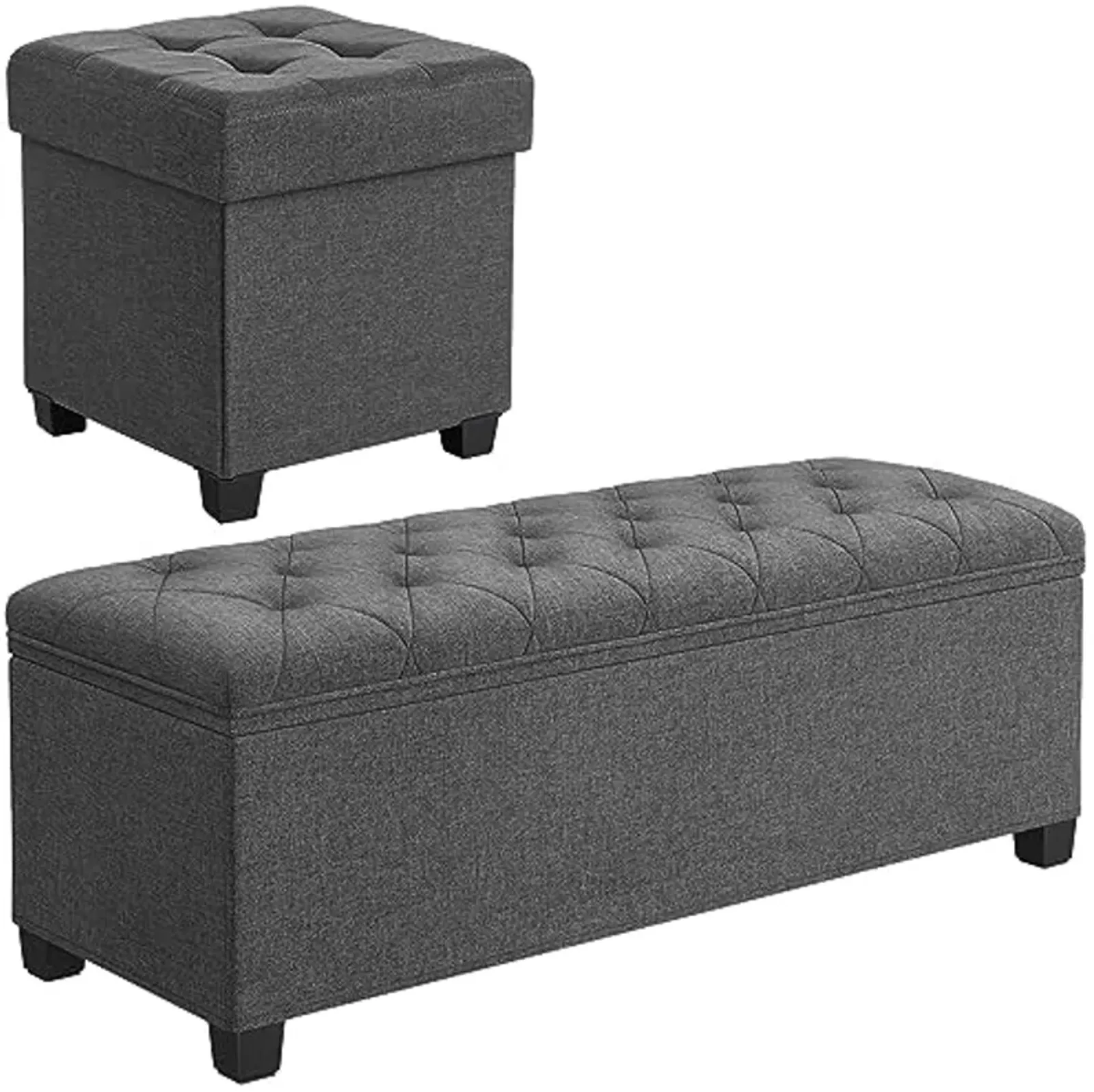 SONGMICS Storage Ottoman Bench and 15 Inches Cube Storage Ottoman Bundle, Bench with Storage, Foot Stool with Feet, Dark Gray ULSF088G01 and ULSF14GYZ