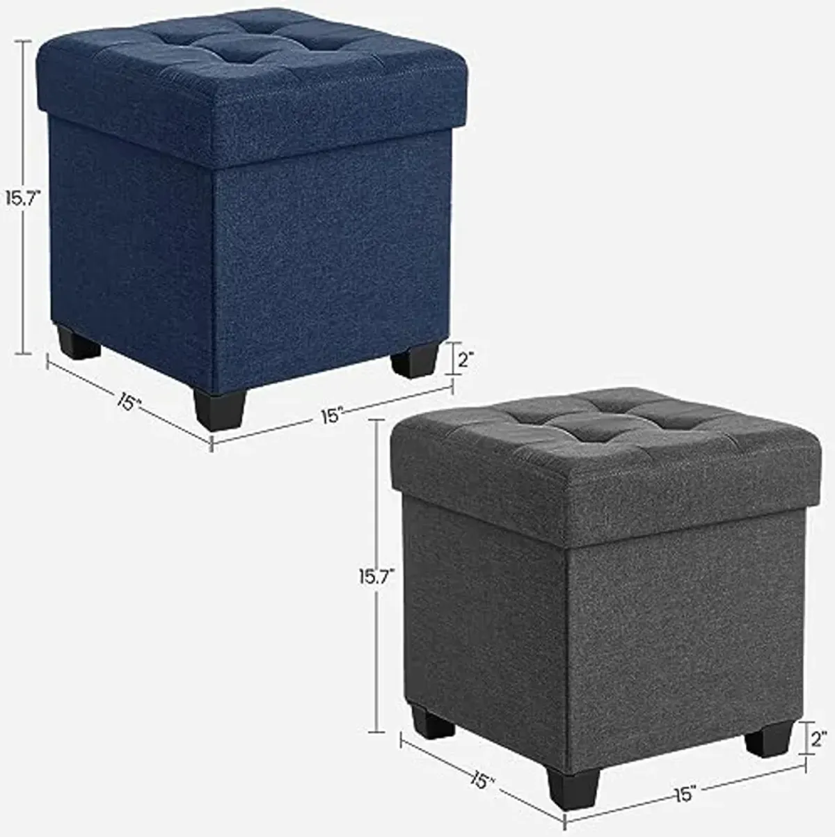 SONGMICS 15 Inches Cube Storage Ottoman Bundle, Bedroom Bench with Storage, Foot Stool with Feet, Holds Up to 660 lb, Dark Gray and Dark Blue ULSF14GYZ and ULSF14IN