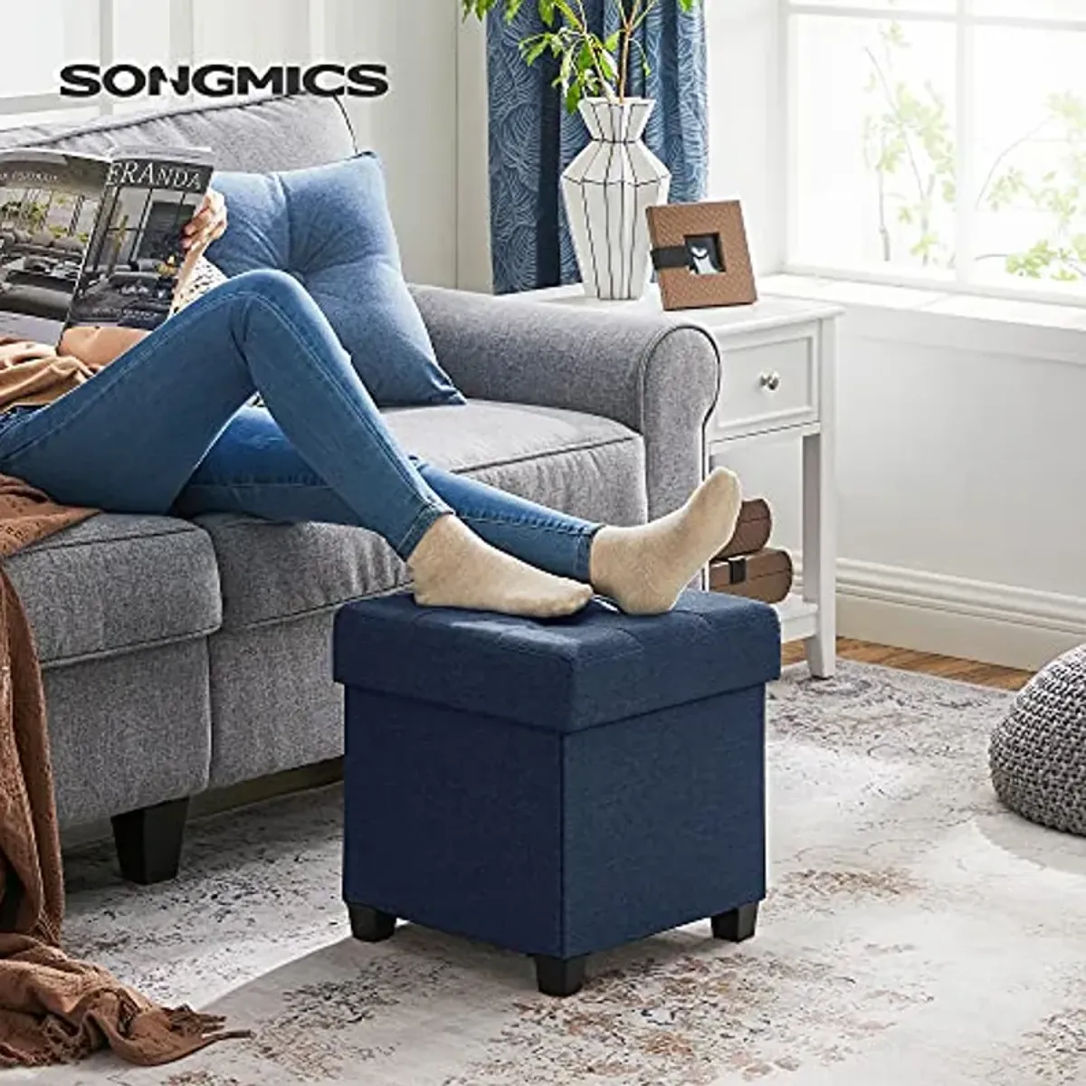 SONGMICS 15 Inches Cube Storage Ottoman Bundle, Bedroom Bench with Storage, Foot Stool with Feet, Holds Up to 660 lb, Dark Gray and Dark Blue ULSF14GYZ and ULSF14IN