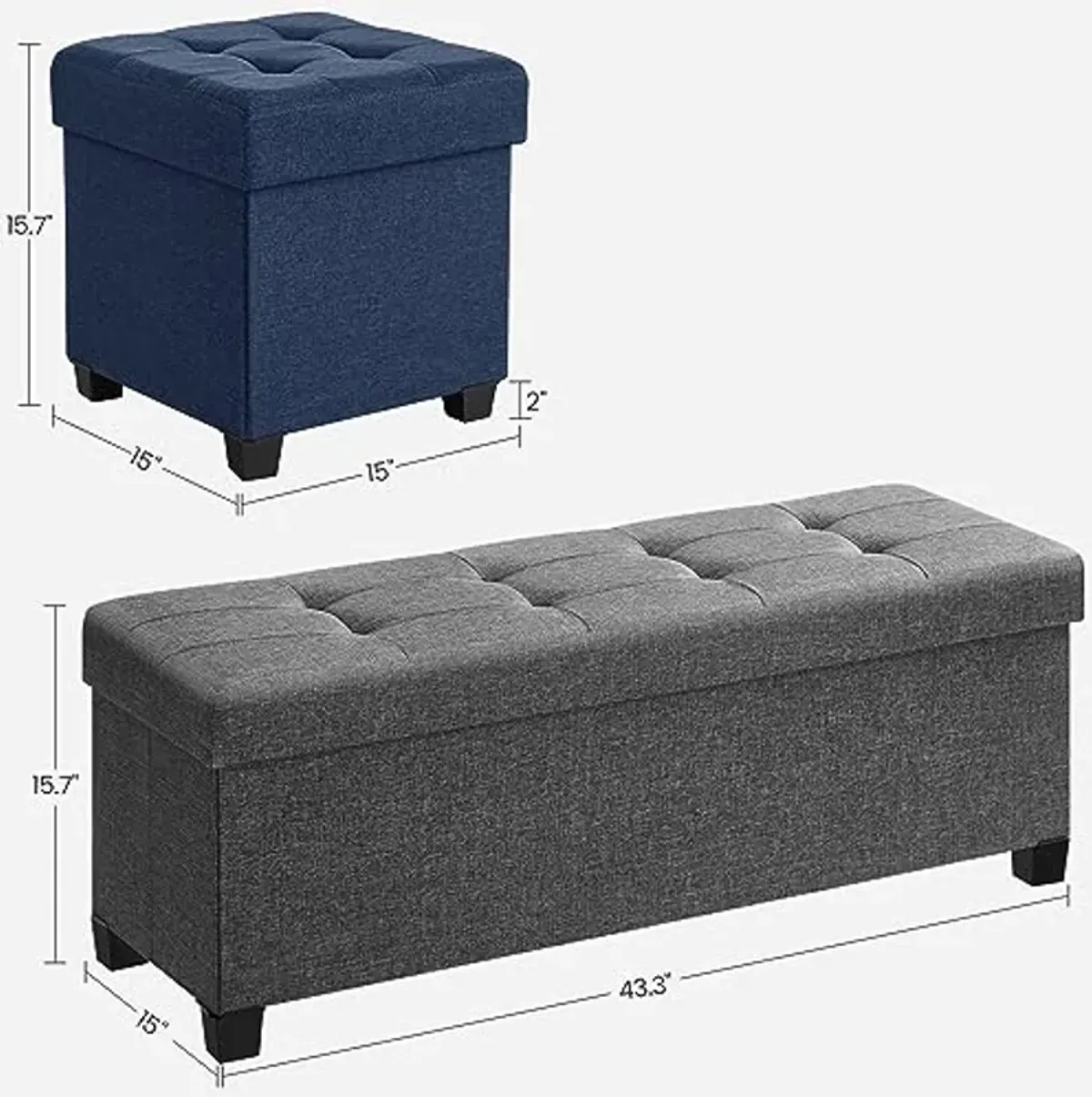 SONGMICS 43.3 Inches Storage Ottoman and 15 Inches Cube Storage Ottoman Bundle, Bedroom Bench with Storage, Foot Stool with Feet, Dark Gray and Dark Blue ULSF018G01 and ULSF14IN