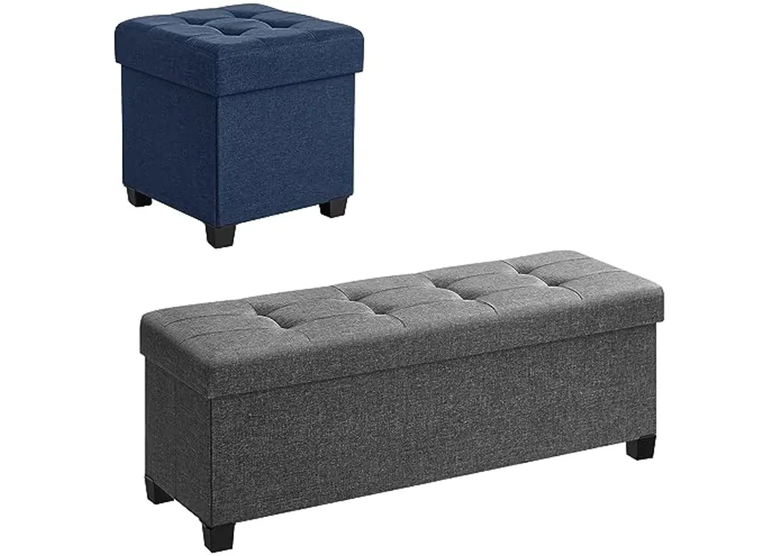 SONGMICS 43.3 Inches Storage Ottoman and 15 Inches Cube Storage Ottoman Bundle, Bedroom Bench with Storage, Foot Stool with Feet, Dark Gray and Dark Blue ULSF018G01 and ULSF14IN