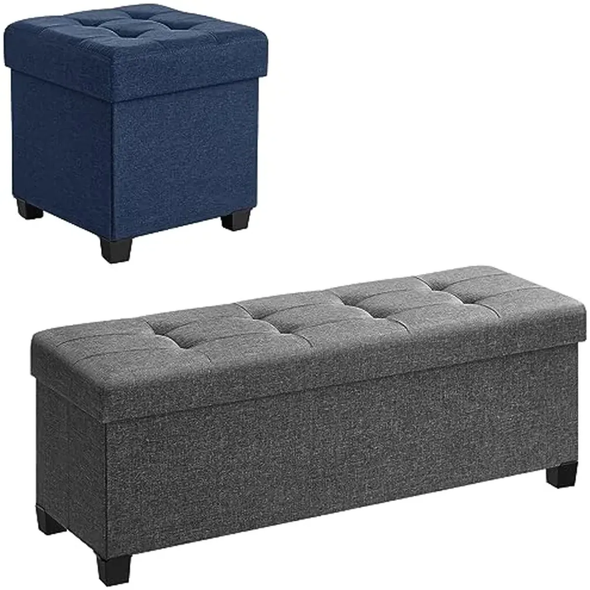 SONGMICS 43.3 Inches Storage Ottoman and 15 Inches Cube Storage Ottoman Bundle, Bedroom Bench with Storage, Foot Stool with Feet, Dark Gray and Dark Blue ULSF018G01 and ULSF14IN