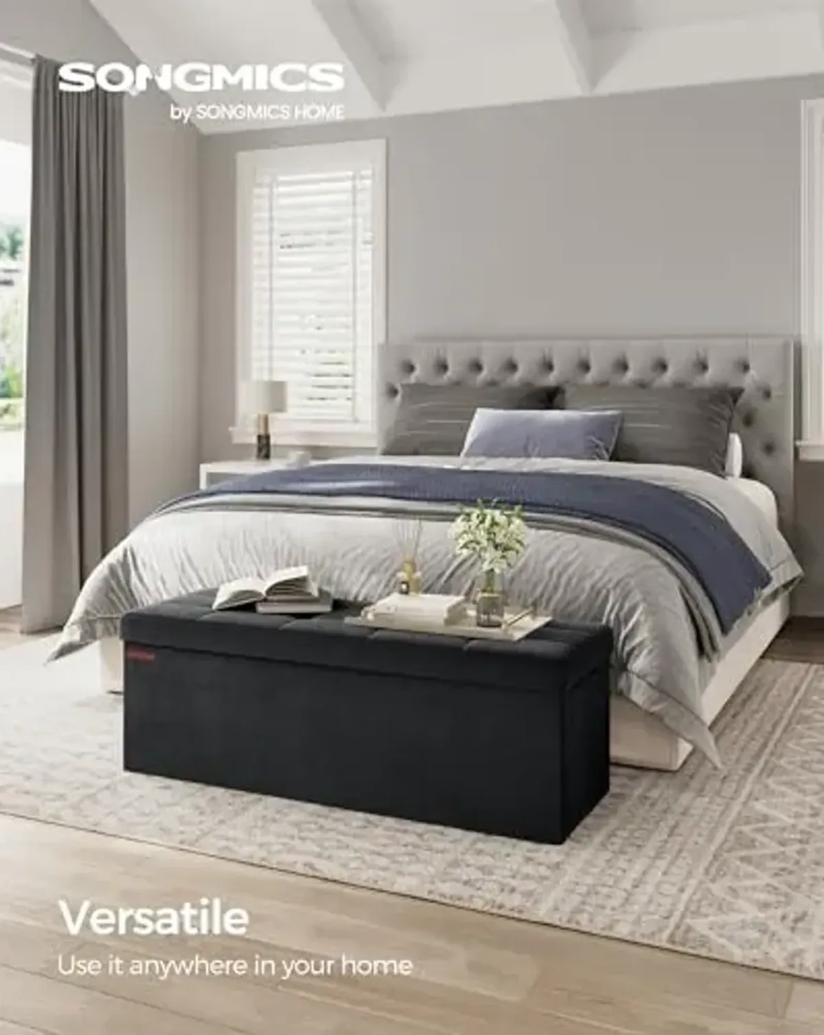 SONGMICS Mazie Collection - Storage Ottoman Bench, Foldable Foot Rest, 15 x 43 x 15 Inches, End of Bed Bench, Storage Chest, Load 660 lb, Living Room, Bedroom, Entryway, Ink Black ULSF277B01