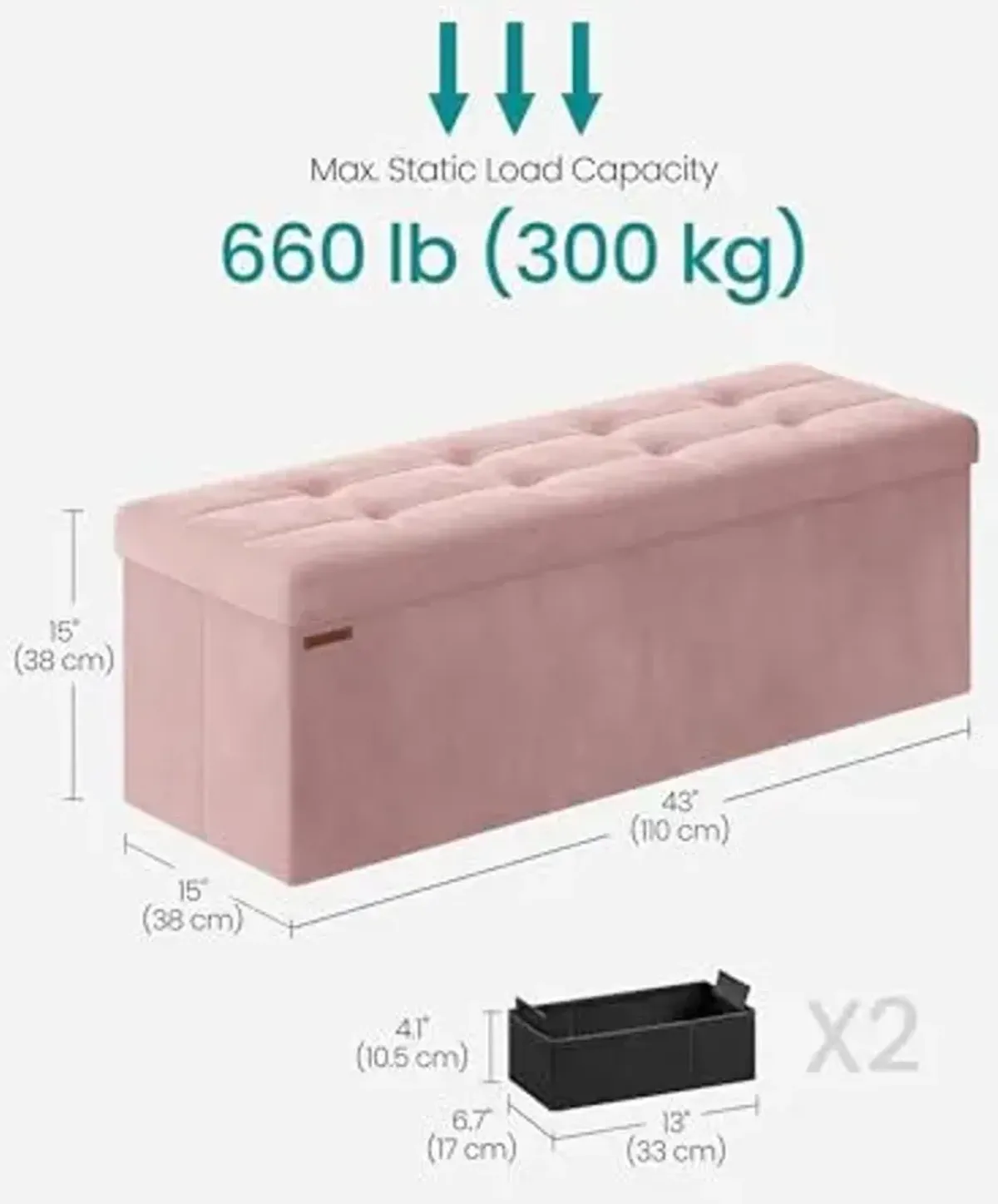 SONGMICS Storage Ottoman Bench, Foldable Ottoman Foot Rest, 15 x 43 x 15 Inches, End of Bed Bench, Storage Chest, Load up to 660 lb, for Living Room, Bedroom, Entryway, Jelly Pink ULSF277R01