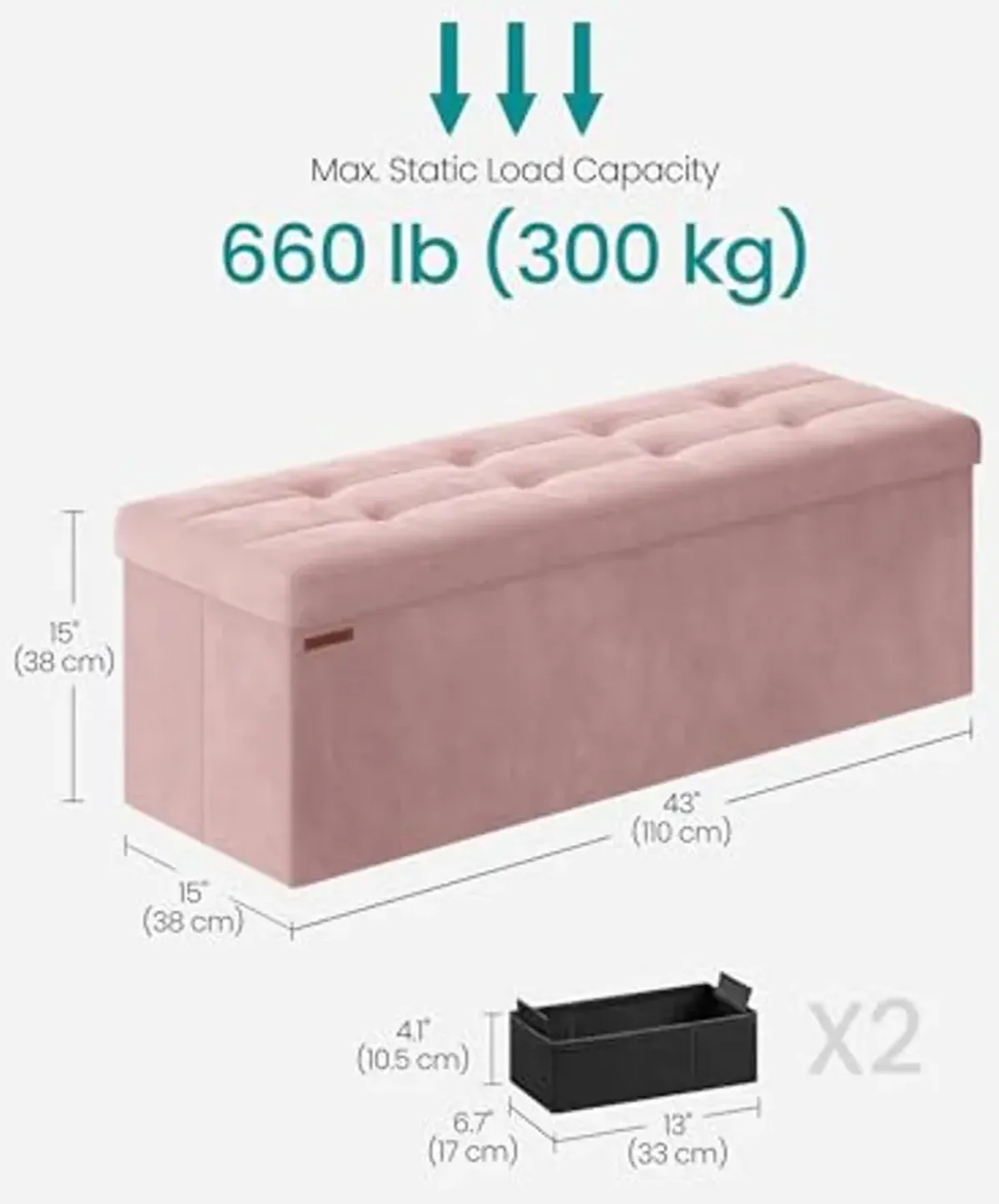 SONGMICS Storage Ottoman Bench, Foldable Ottoman Foot Rest, 15 x 43 x 15 Inches, End of Bed Bench, Storage Chest, Load up to 660 lb, for Living Room, Bedroom, Entryway, Jelly Pink ULSF277R01