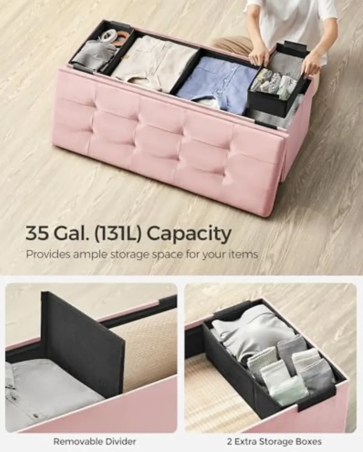 SONGMICS Storage Ottoman Bench, Foldable Ottoman Foot Rest, 15 x 43 x 15 Inches, End of Bed Bench, Storage Chest, Load up to 660 lb, for Living Room, Bedroom, Entryway, Jelly Pink ULSF277R01