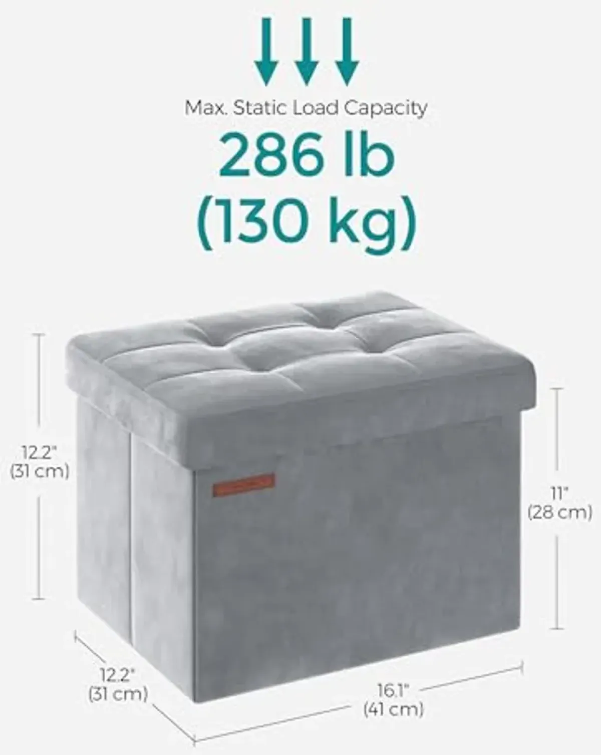 SONGMICS Storage Ottoman, Foldable Small Ottoman Foot Rest, 12.2 x 16.1 Inches Foot Stool, Ottoman with Storage, Load up to 286 lb, for Living Room, Bedroom, Dorm, Dove Gray ULSF200G02