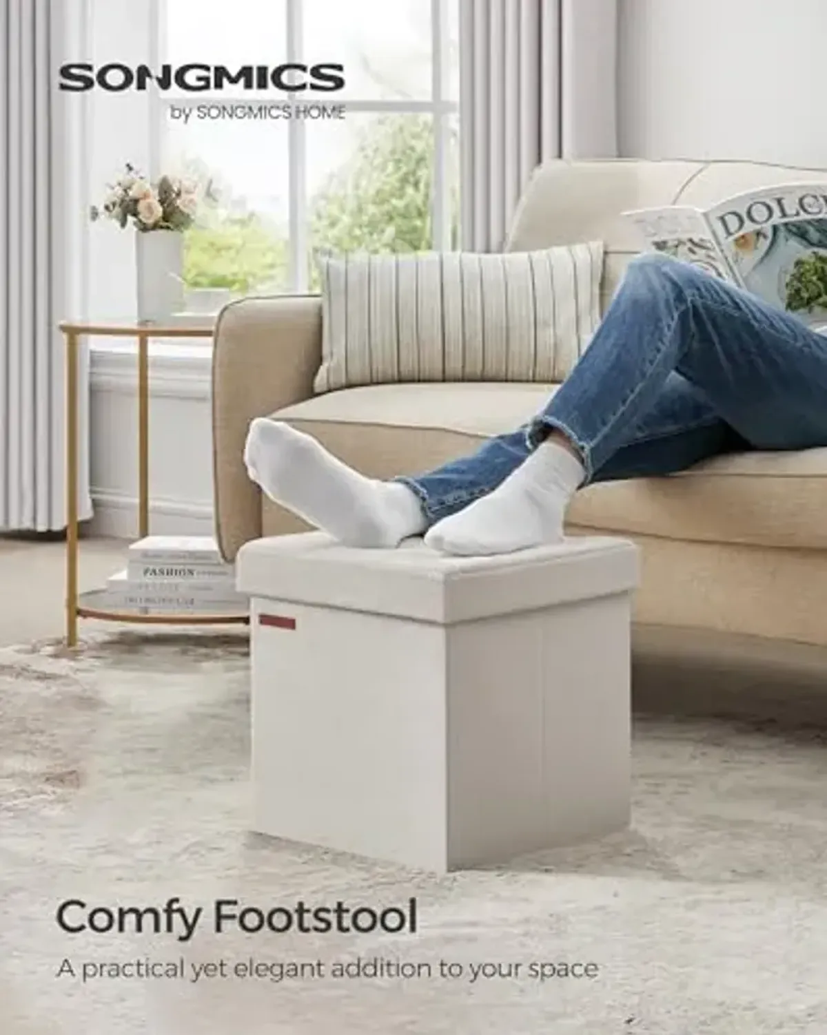 SONGMICS Small Storage Ottoman, Folding Ottoman Cube, 15 x 15 x 15 Inches, Footstool, Footrest, 11 Gal. (43 L), Velvet Surface, for Bedroom, Living Room, Dorm, Cream White ULSF227W01