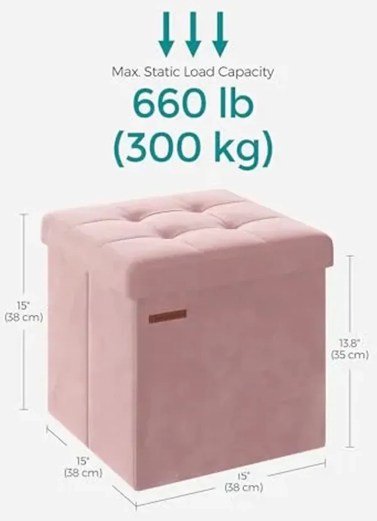 SONGMICS Small Storage Ottoman, Folding Ottoman Cube, 15 x 15 x 15 Inches, Footstool, Footrest, 11 Gal. (43 L), Velvet Surface, for Bedroom, Living Room, Dorm, Jelly Pink ULSF227R01