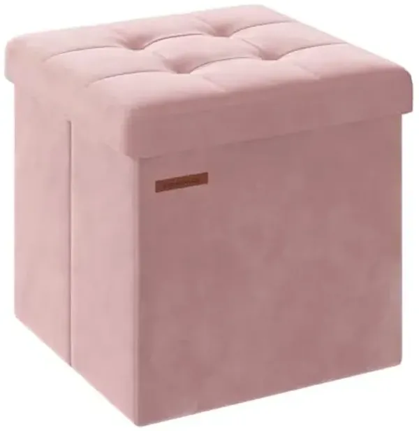 SONGMICS Small Storage Ottoman, Folding Ottoman Cube, 15 x 15 x 15 Inches, Footstool, Footrest, 11 Gal. (43 L), Velvet Surface, for Bedroom, Living Room, Dorm, Jelly Pink ULSF227R01