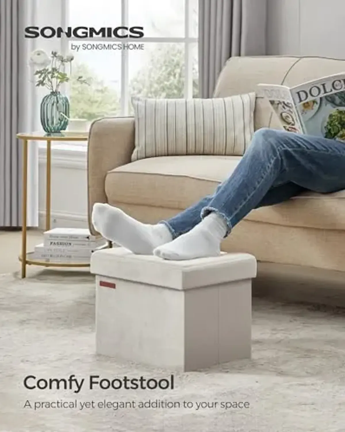SONGMICS Storage Ottoman, Foldable Small Ottoman Foot Rest, 12.2 x 16.1 Inches Foot Stool, OAD up to 286 lb, for Living Room, Bedroom, Dorm, Cream White ULSF200W01