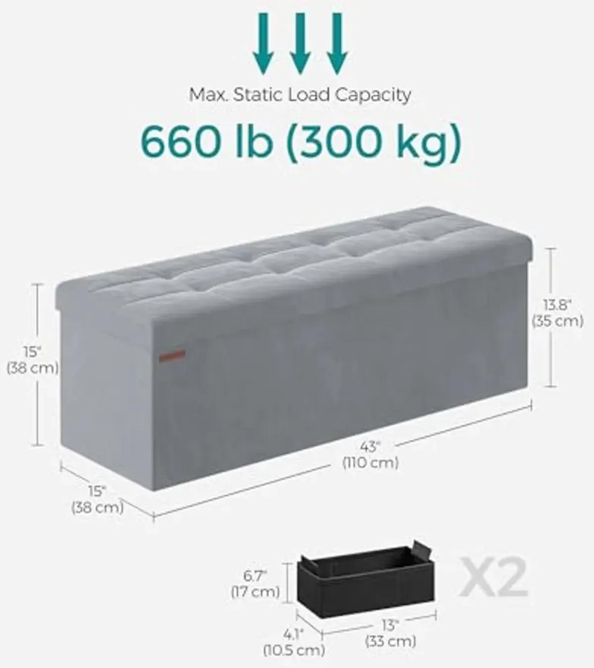 SONGMICS Storage Ottoman Bench, Foldable Ottoman Foot Rest, 15 x 43 x 15 Inches, End of Bed Bench, Storage Chest, Load up to 660 lb, for Living Room, Bedroom, Entryway, Dove Gray ULSF277G02