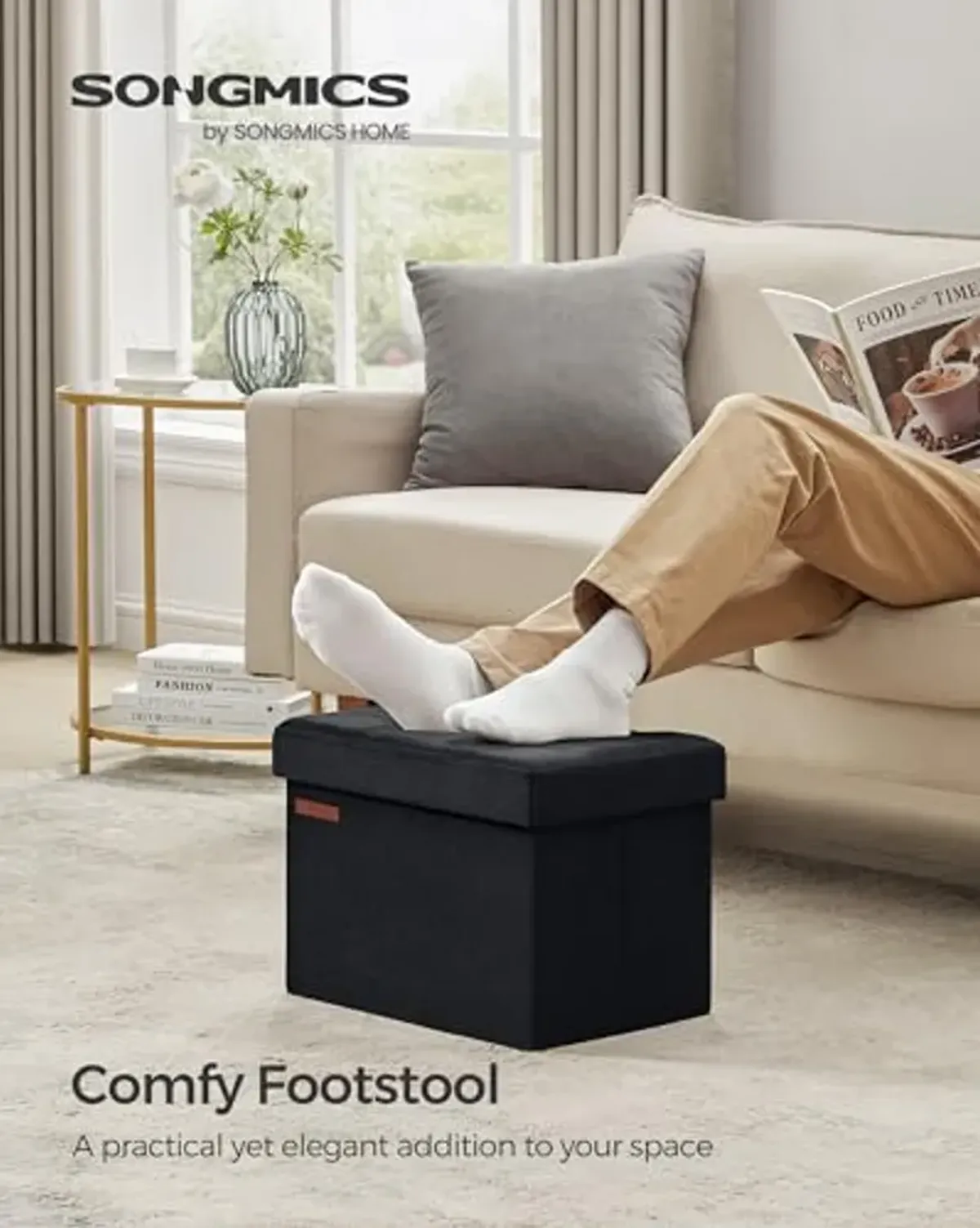 SONGMICS Storage Ottoman, Foldable Small Ottoman Foot Rest, 12.2 x 16.1 Inches Foot Stool, Ottoman with Storage, Load up to 286 lb, for Living Room, Bedroom, Dorm, Ink Black ULSF200B01