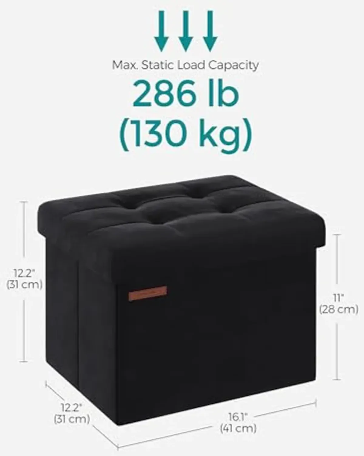 SONGMICS Storage Ottoman, Foldable Small Ottoman Foot Rest, 12.2 x 16.1 Inches Foot Stool, Ottoman with Storage, Load up to 286 lb, for Living Room, Bedroom, Dorm, Ink Black ULSF200B01