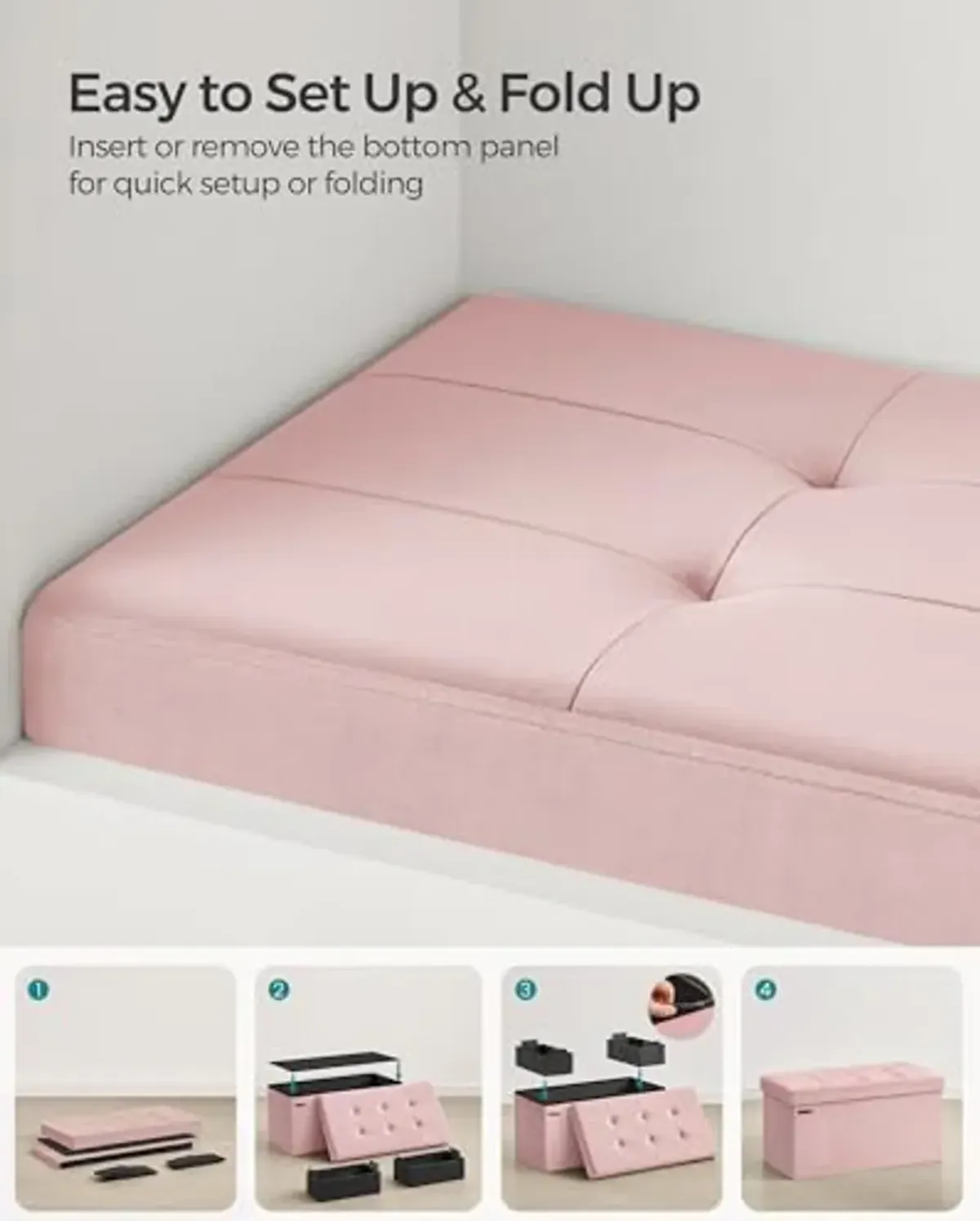 SONGMICS Storage Ottoman Bench, Foldable Ottoman Foot Rest, 15 x 30 x 15 Inches, End of Bed Bench, Storage Chest, Load up to 660 lb, for Living Room, Bedroom, Entryway, Jelly Pink ULSF247R01