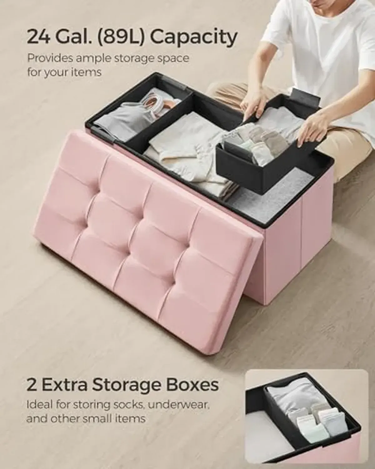 SONGMICS Storage Ottoman Bench, Foldable Ottoman Foot Rest, 15 x 30 x 15 Inches, End of Bed Bench, Storage Chest, Load up to 660 lb, for Living Room, Bedroom, Entryway, Jelly Pink ULSF247R01