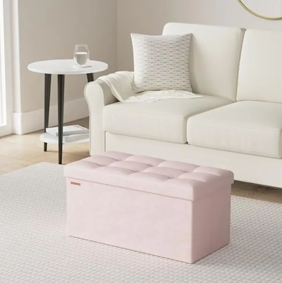 SONGMICS Storage Ottoman Bench, Foldable Ottoman Foot Rest, 15 x 30 x 15 Inches, End of Bed Bench, Storage Chest, Load up to 660 lb, for Living Room, Bedroom, Entryway, Jelly Pink ULSF247R01