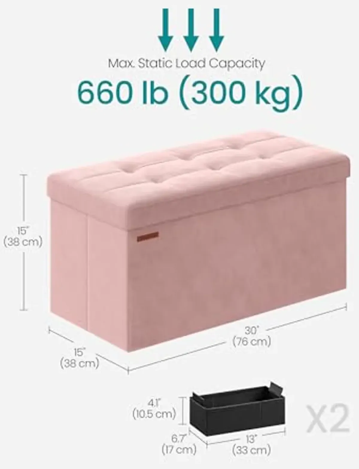 SONGMICS Storage Ottoman Bench, Foldable Ottoman Foot Rest, 15 x 30 x 15 Inches, End of Bed Bench, Storage Chest, Load up to 660 lb, for Living Room, Bedroom, Entryway, Jelly Pink ULSF247R01