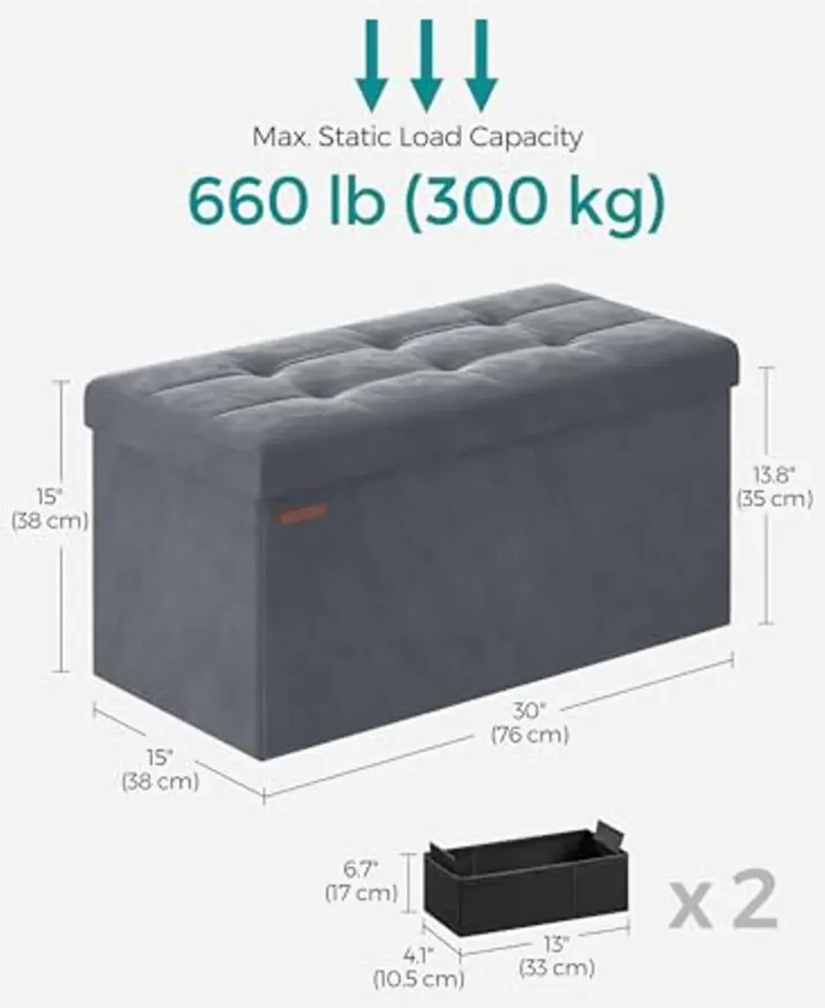 SONGMICS Storage Ottoman Bench, Foldable Ottoman Foot Rest, 15 x 30 x 15 Inches, End of Bed Bench, Storage Chest, Load up to 660 lb, for Living Room, Bedroom, Entryway, Slate Gray ULSF247G01