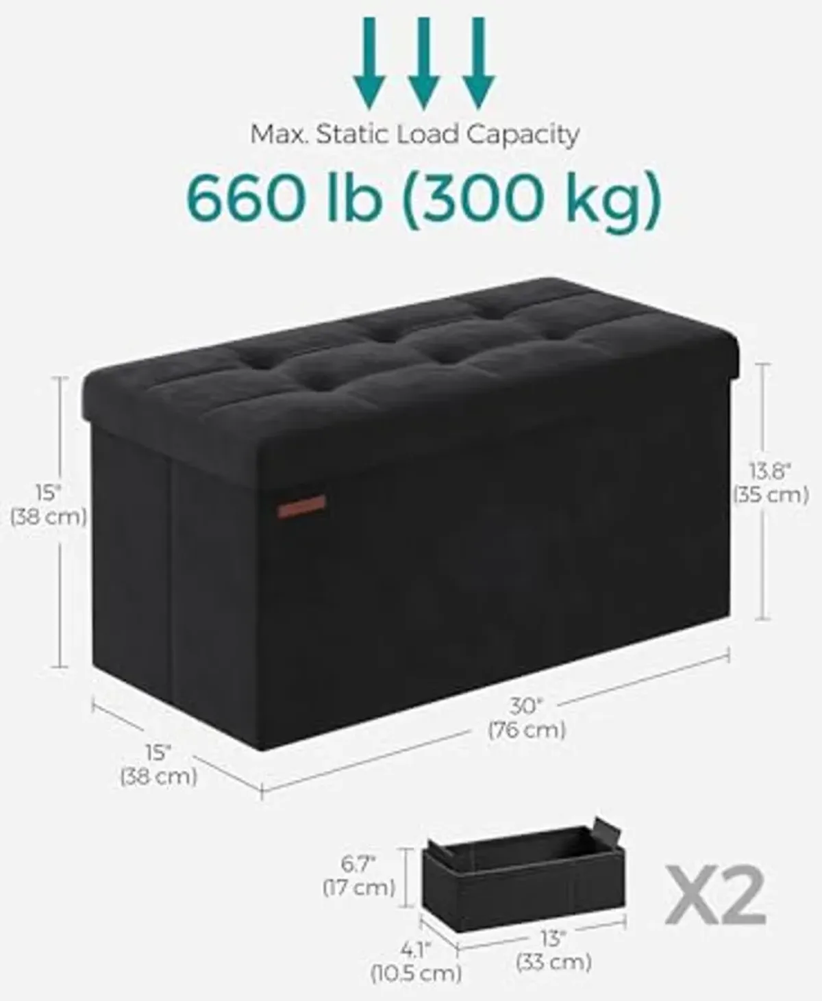 SONGMICS Storage Ottoman Bench, Foldable Ottoman Foot Rest, 15 x 30 x 15 Inches, End of Bed Bench, Storage Chest, Load up to 660 lb, for Living Room, Bedroom, Entryway, Ink Black ULSF247B01