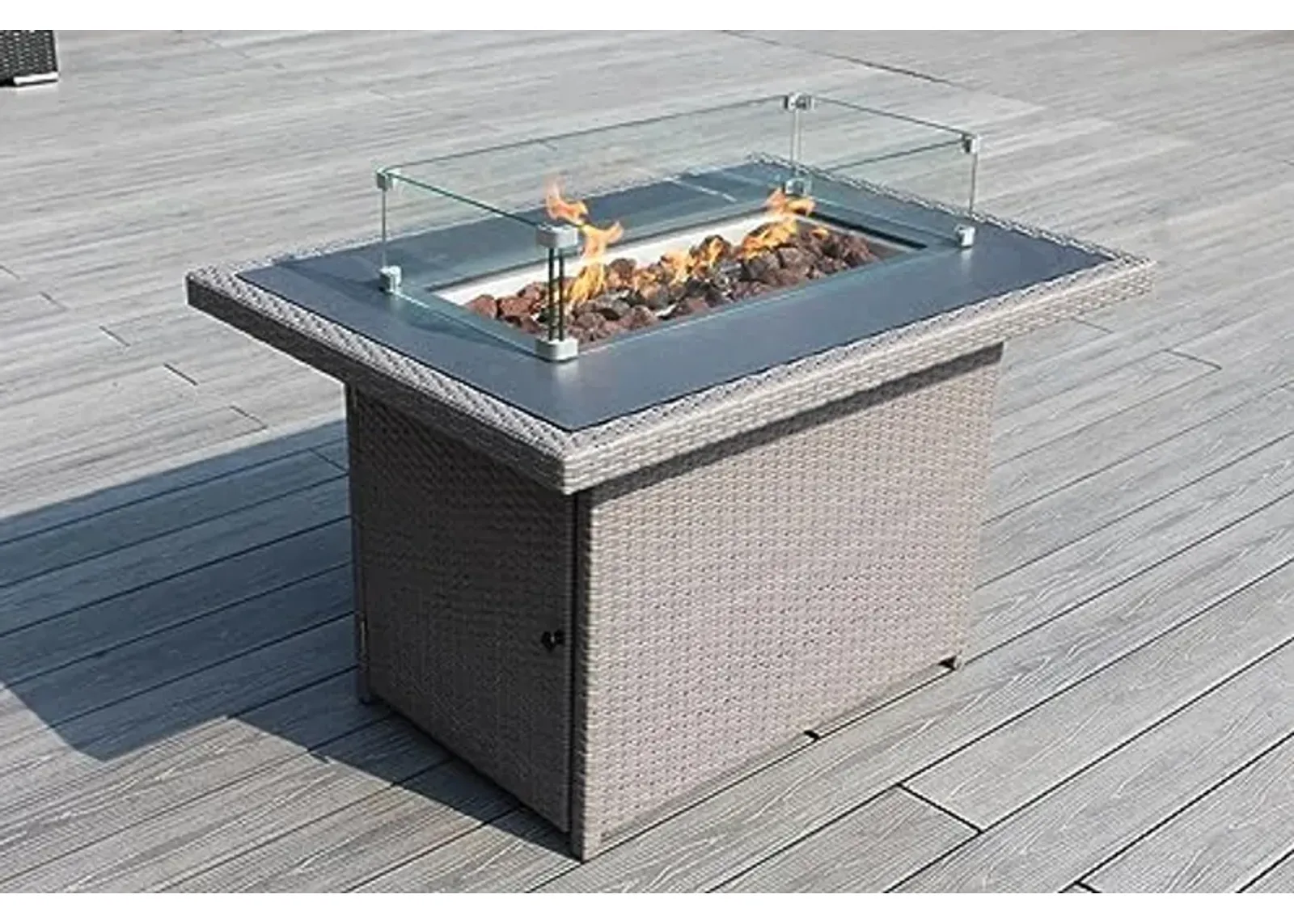 Ohana Depot 42 inch 55,000 BTU Outdoor Wicker Patio Propane Gas Fire Pit Table with Lid, Lava Rocks and Wind Guard (Gray)