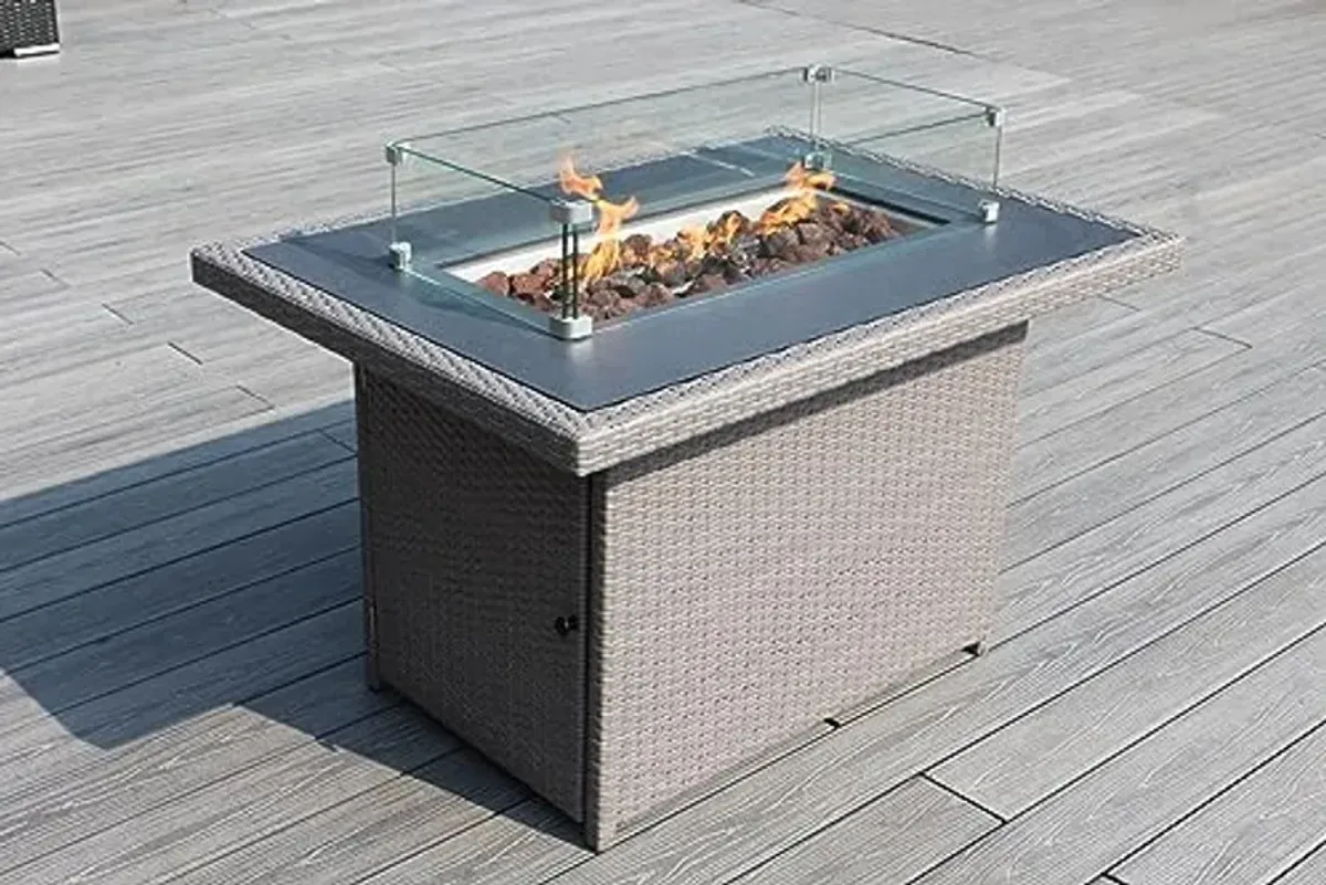 Ohana Depot 42 inch 55,000 BTU Outdoor Wicker Patio Propane Gas Fire Pit Table with Lid, Lava Rocks and Wind Guard (Gray)