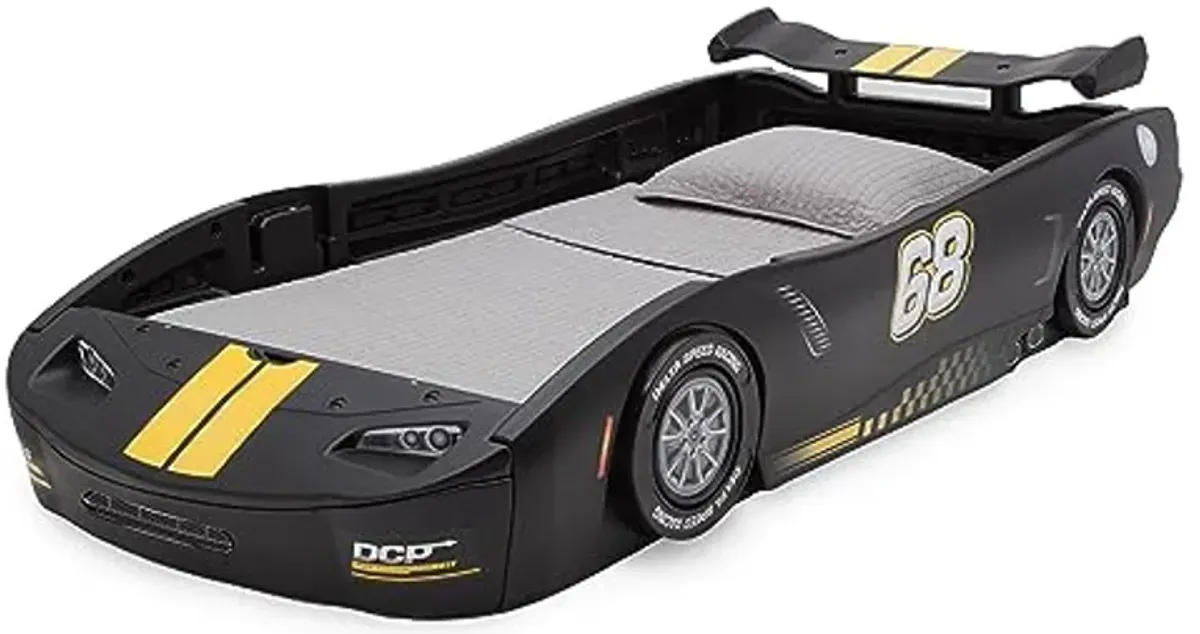 Delta Children Turbo Race Car Twin Bed, Black Snooze 6 inch Memory Foam Twin Mattress (Bundle)