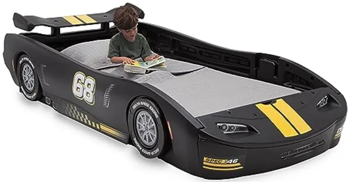 Delta Children Turbo Race Car Twin Bed, Black Snooze 6 inch Memory Foam Twin Mattress (Bundle)