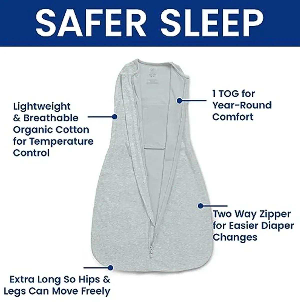 Delta Children Gap babyGap TrueSleep Sleep Sack with Zipper | 100% Organic Cotton | GOTS and Oeko-Tex 100 Certified | 2-Way Zipper | Large: 6-12 Months, Grey