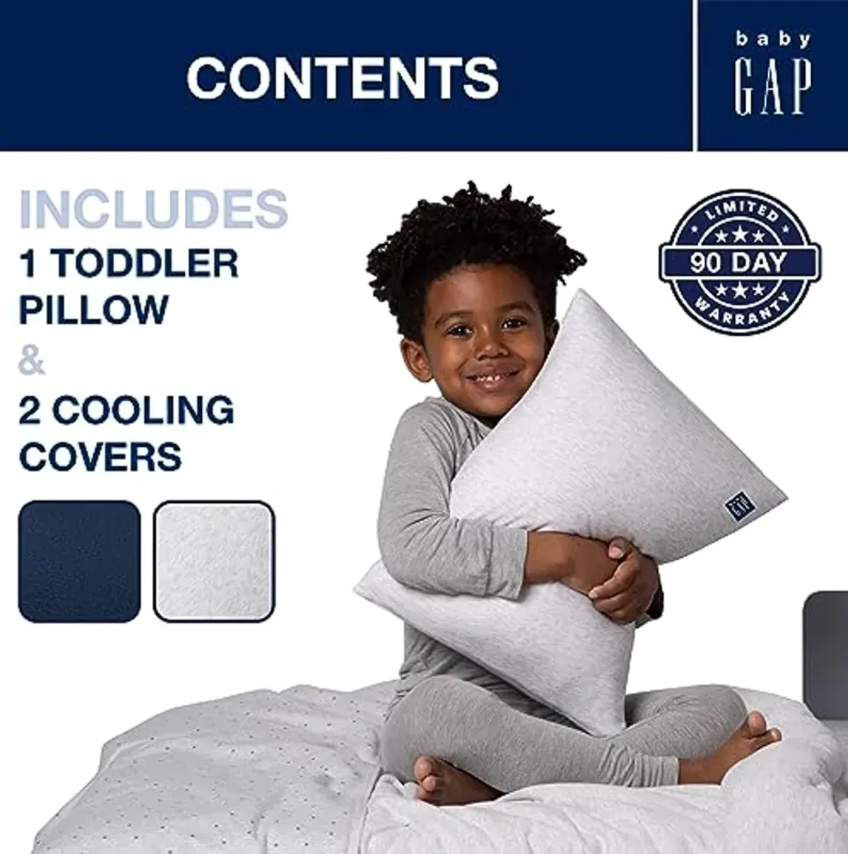 Delta Children Gap babyGap Memory Foam Toddler Pillow with 2 Cooling Covers, White/Blue